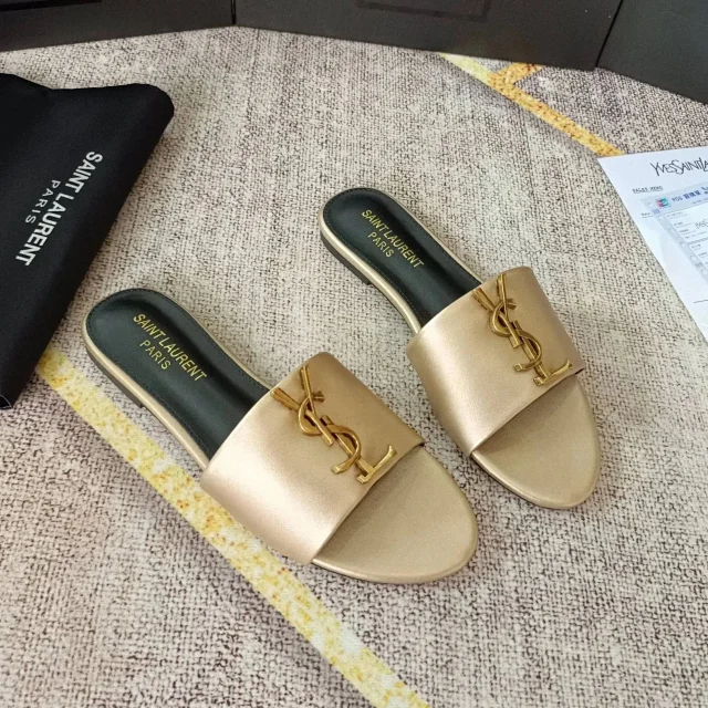 Saint Laurent Sandals Flat slide with gold YSL logo and wide strap product detail image 3