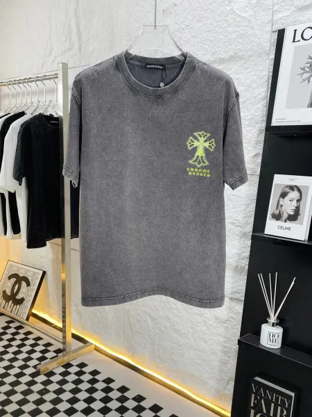 Chrome Hearts Acid Wash Gray T-Shirt with Neon Cross Logo - 1
