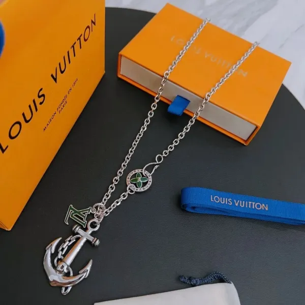 Louis Vuitton Anchor Charm Necklace Silver Green Enamel Jewelry - 1