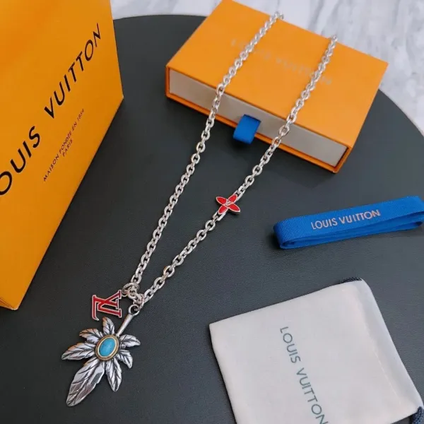 Louis Vuitton Monogram Flower Pendant Necklace Silver with Turquoise and Red Enamel - 1