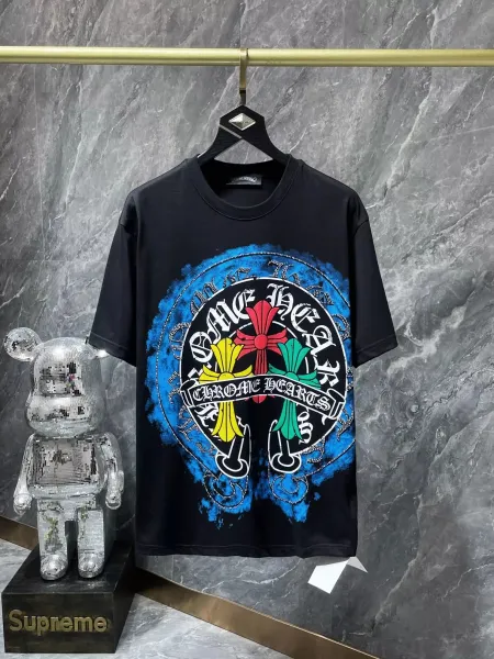 Chrome Hearts Cross Logo Embroidered Blue Splatter T-Shirt - 1
