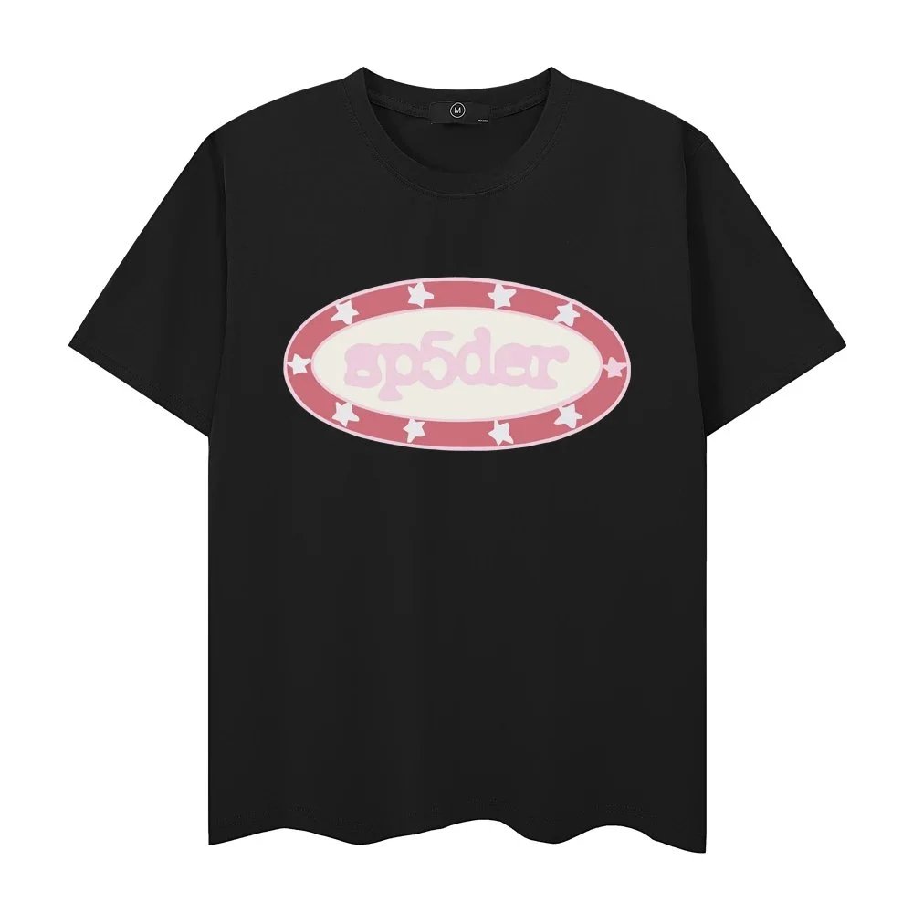 sp5der Pink Star Oval Logo Black T-Shirt - 1