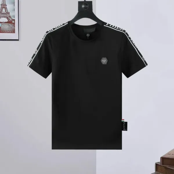 Philipp Plein PP Hexagon Black T-Shirt with Striped Sleeves - 1