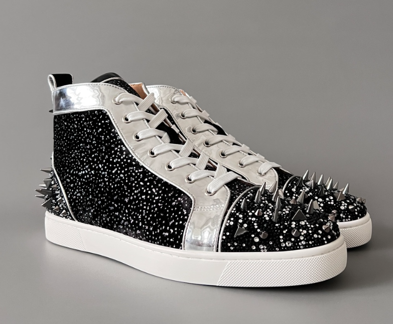 Christian Louboutin Louis Junior Spikes Black Silver Glitter High-Top Sneakers