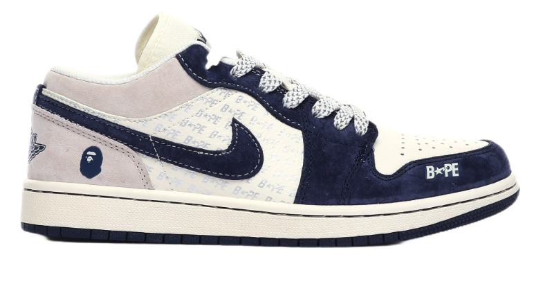 Nike x A Bathing Ape Air Jordan 1 Low 'Bapesta' Navy Beige Sneakers - 9