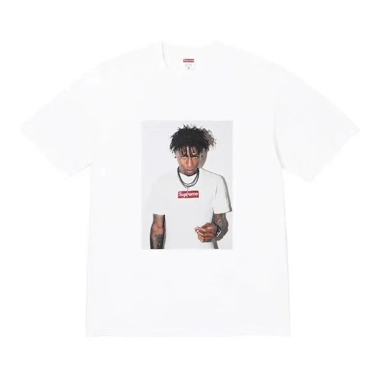 Supreme T-Shirts Short-Sleeve Graphic Print T-Shirt — B345 tattooed young man, white