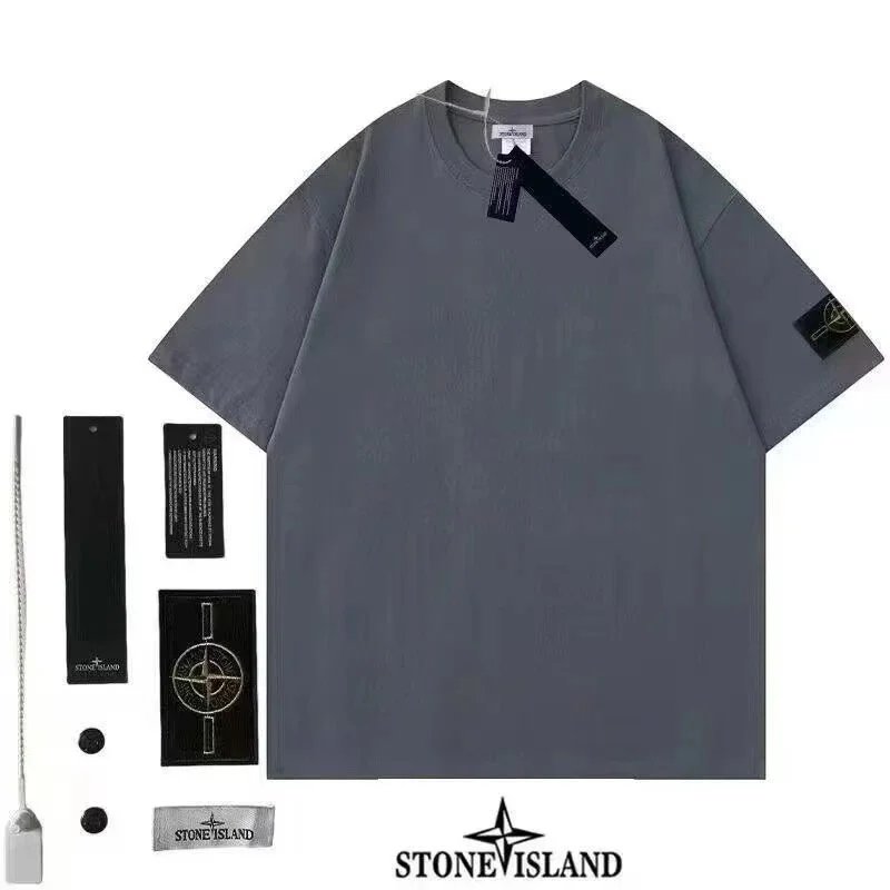 Stone Island T-Shirts Short-Sleeve Crewneck T-Shirt with Compass Sleeve Patch — Style 1-Gray