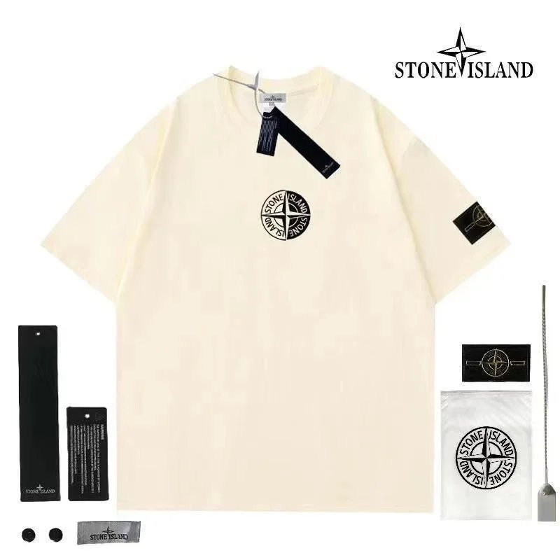 Stone Island T-Shirts Short-Sleeve Crewneck T-Shirt with Compass Sleeve Patch — Style 3-Apricot Color