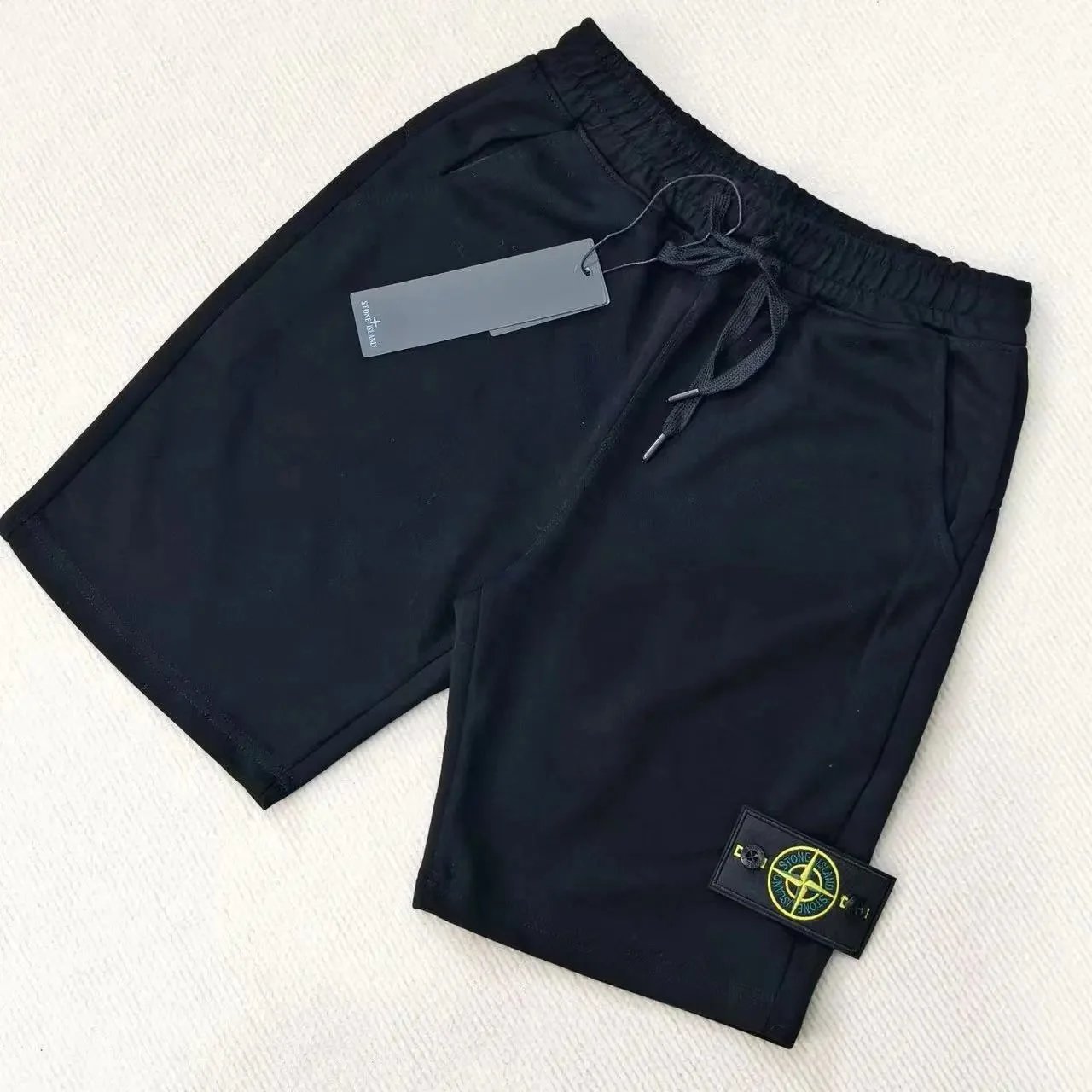 Stone Island T-Shirts Short-Sleeve Crewneck T-Shirt with Compass Sleeve Patch — Shorts-Black
