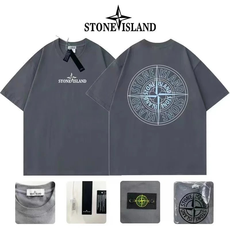 Stone Island T-Shirts Short-Sleeve Crewneck T-Shirt with Compass Sleeve Patch — Style 2-Iron Gray