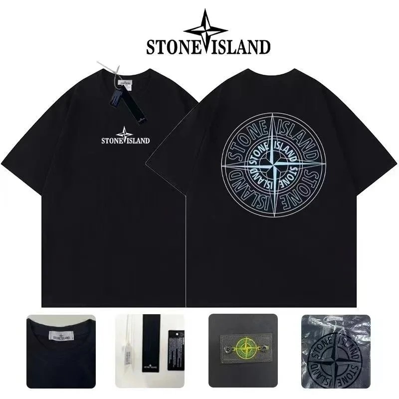 Stone Island T-Shirts Short-Sleeve Crewneck T-Shirt with Compass Sleeve Patch — Style 2-Black 1