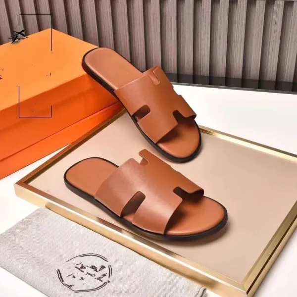 Hermès Oran Slide Sandals Tan Leather Slippers - 1
