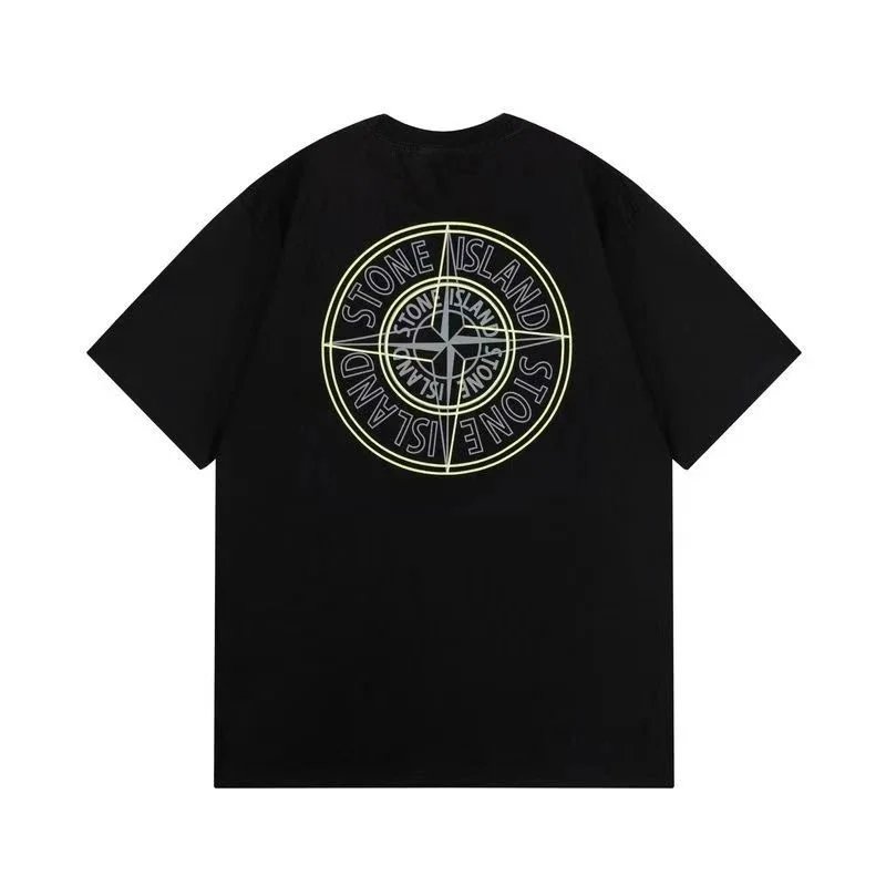 Stone Island T-Shirts Short-Sleeve Crewneck T-Shirt with Compass Sleeve Patch — Style 2-Black