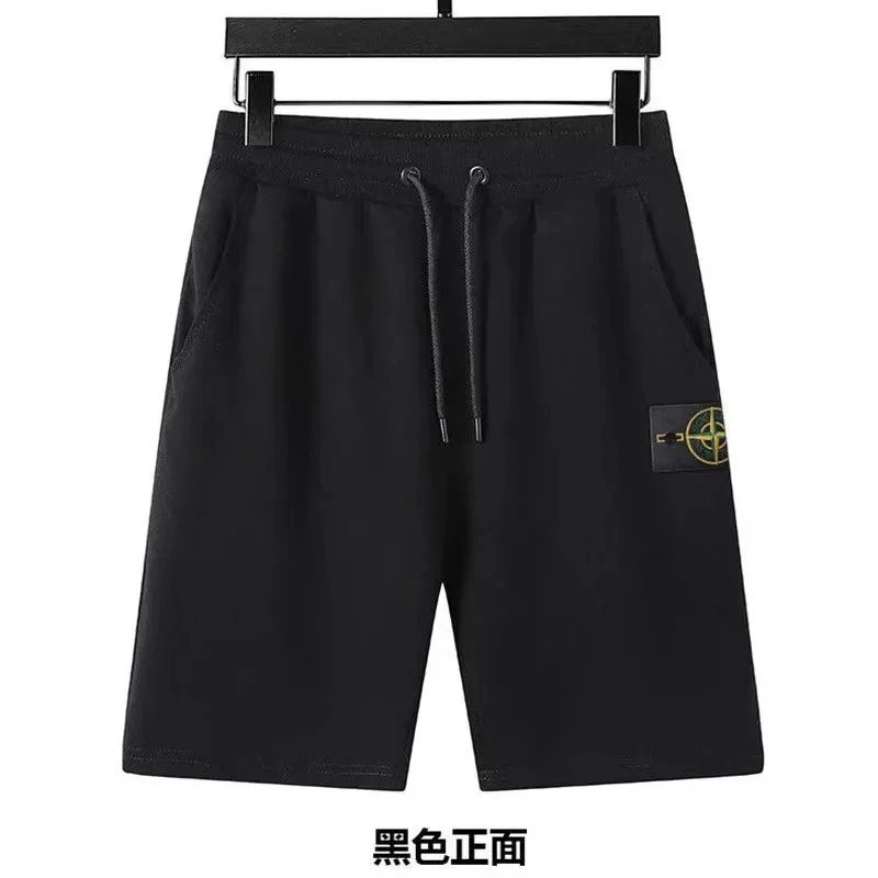 Stone Island T-Shirts Short-Sleeve Crewneck T-Shirt with Compass Sleeve Patch — Shorts/Black