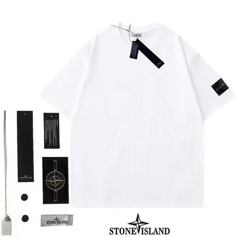 Stone Island T-Shirts Short-Sleeve Crewneck T-Shirt with Compass Sleeve Patch — Style 1-White