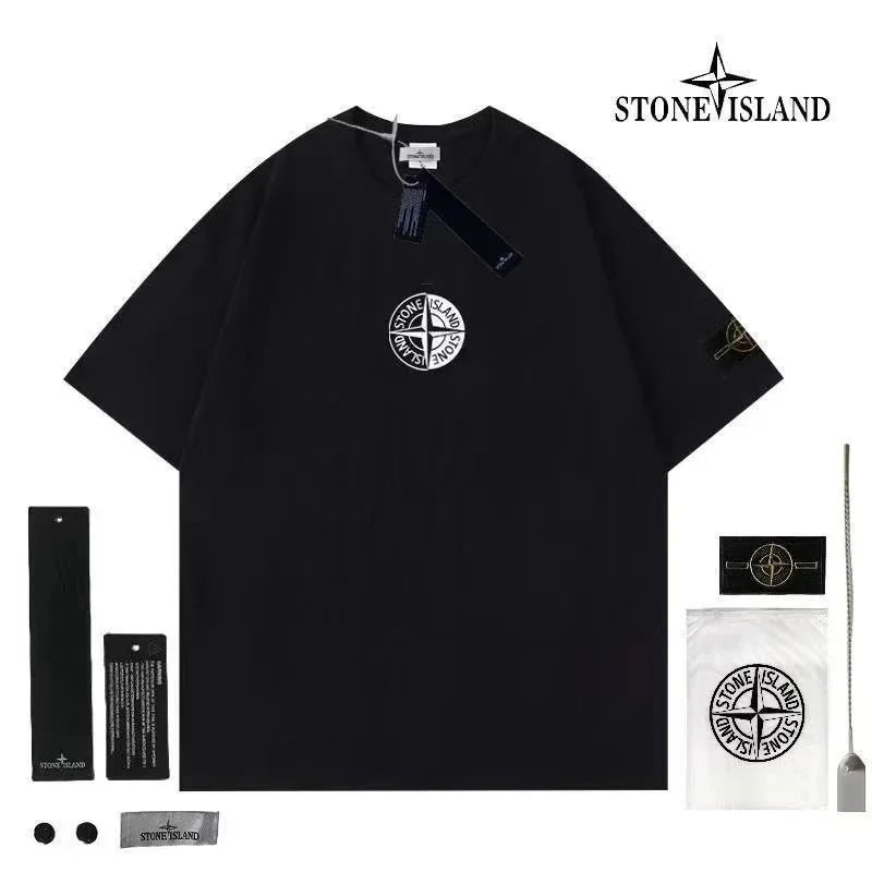 Stone Island T-Shirts Short-Sleeve Crewneck T-Shirt with Compass Sleeve Patch — Section 3-Black
