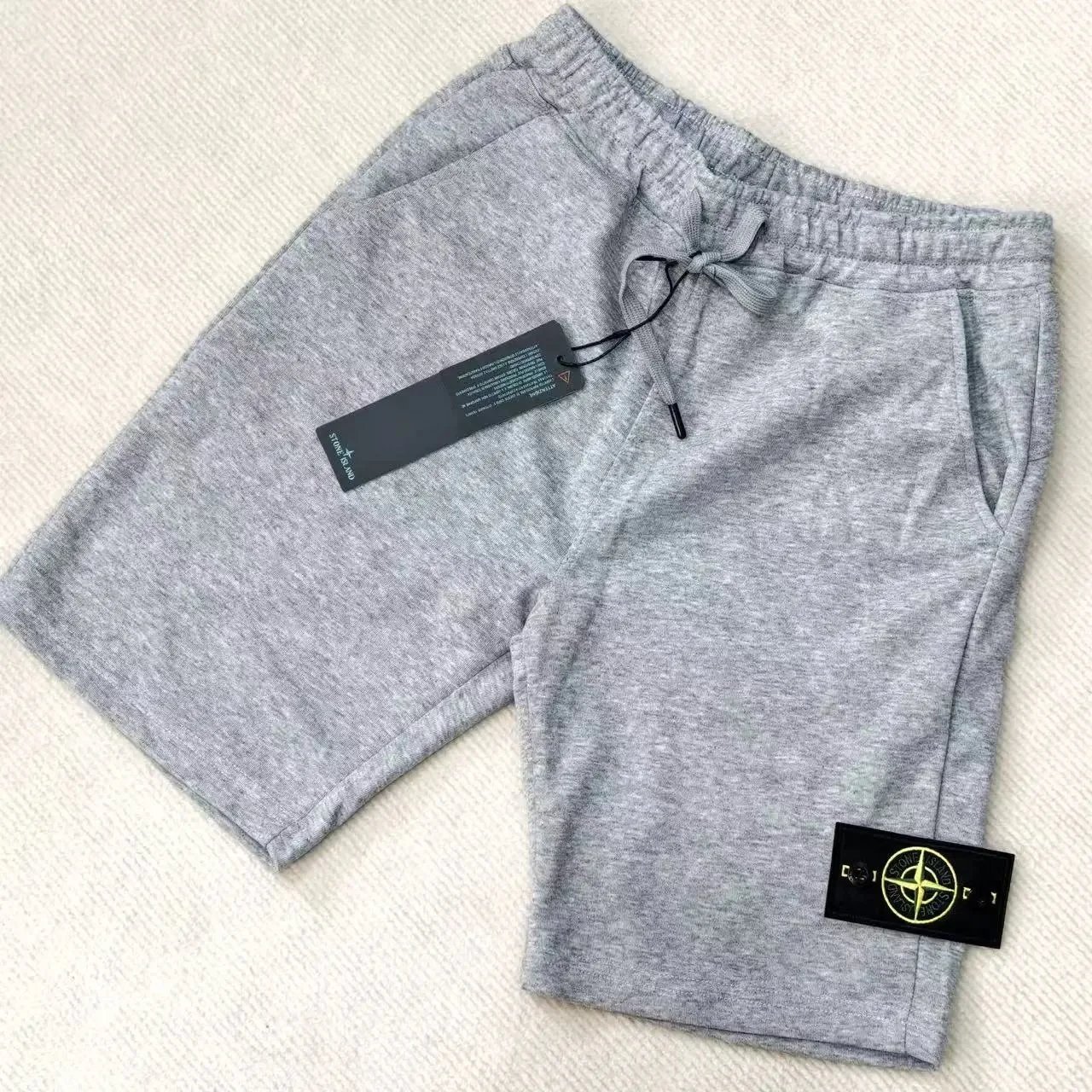 Stone Island T-Shirts Short-Sleeve Crewneck T-Shirt with Compass Sleeve Patch — Shorts-Gray