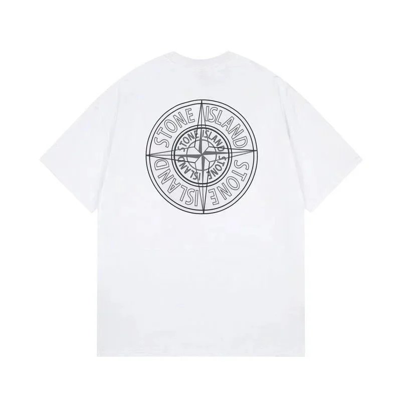 Stone Island T-Shirts Short-Sleeve Crewneck T-Shirt with Compass Sleeve Patch — Style 2-White