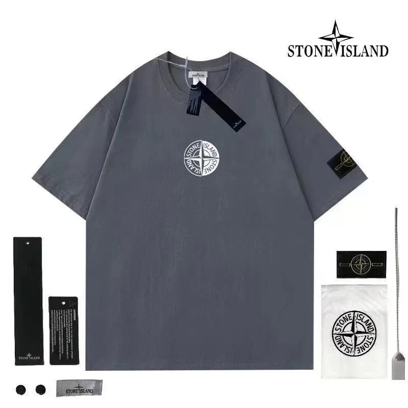 Stone Island T-Shirts Short-Sleeve Crewneck T-Shirt with Compass Sleeve Patch — Style 3-Gray