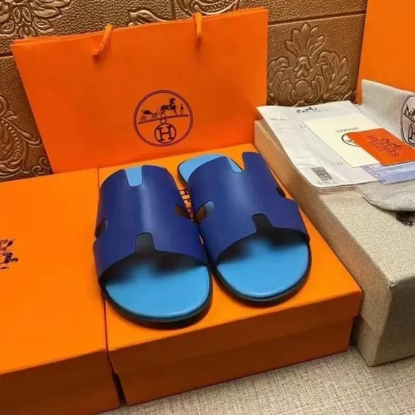 Hermès Oran Slide Sandals Blue and Azure Leather Slippers - 1