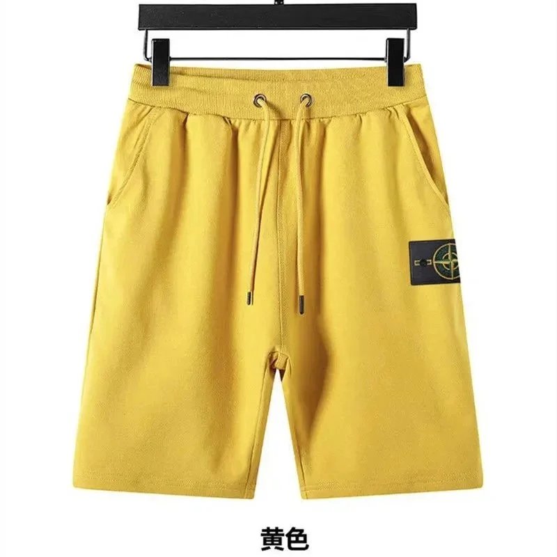 Stone Island T-Shirts Short-Sleeve Crewneck T-Shirt with Compass Sleeve Patch — Shorts/Yellow