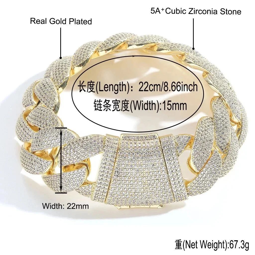 Real Gold Plated Cuban Link Bracelet with 5A+ Cubic Zirconia Stones