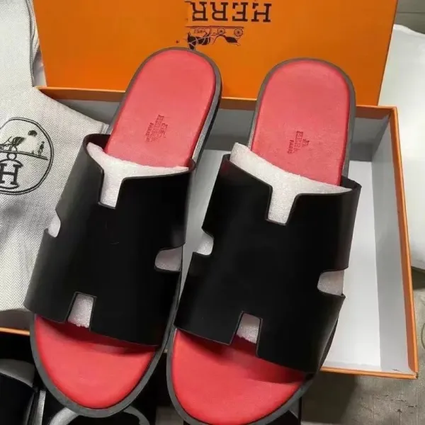 Hermès Oran Slide Sandals Black and Red Leather Slippers - 1