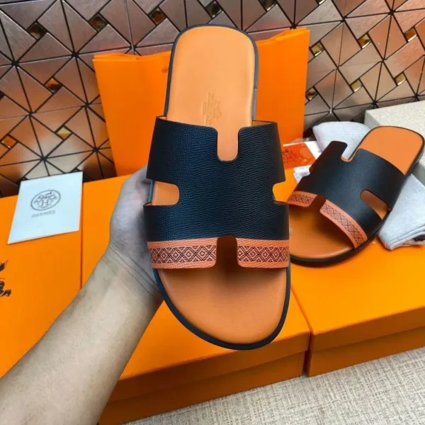 Hermès Oran Sandals Black and Orange with Tribal Motif Slippers - 1