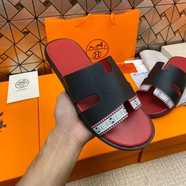 Hermès Oran Slide Sandals Black and Red with Tribal Print Strap Slippers - 1