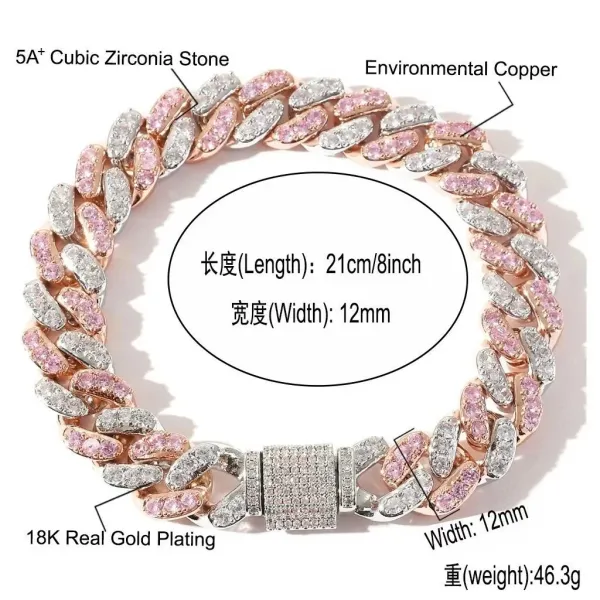 Cubic Zirconia Miami Cuban Link Bracelet Rose Gold Pink White Jewelry - 1