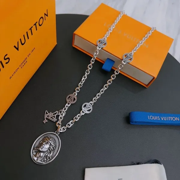 Louis Vuitton Monogram Chain Necklace Silver Jesus Medallion Necklace - 1