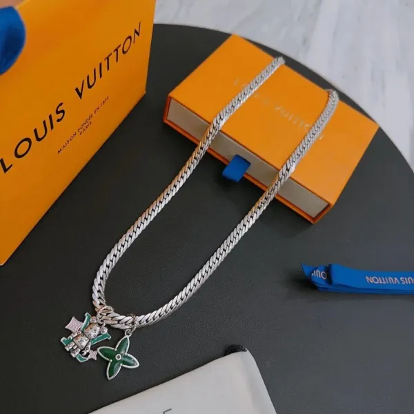Louis Vuitton Monogram Flower & Dragon Charm Necklace Silver Green Enamel - 1