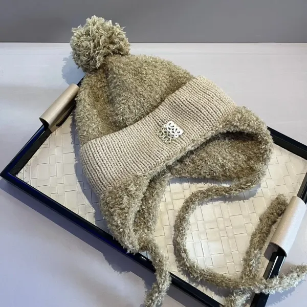 Loewe Pom-Pom Knit Earflap Hat Beige Accessories - 1