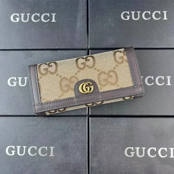 Gucci GG Marmont Long Wallet Beige and Brown Canvas with Leather Trim - 1
