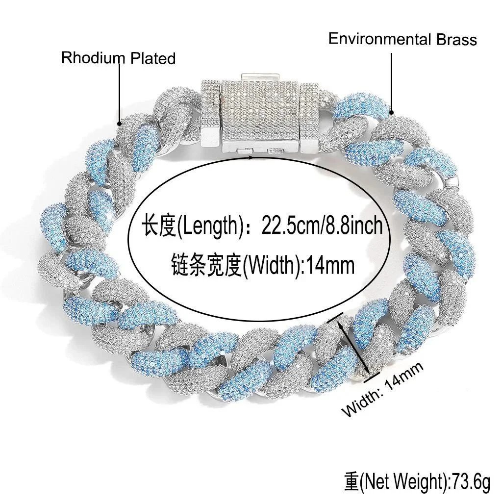 Rhodium Plated Cubic Zirconia Miami Cuban Link Bracelet in Blue and Silver