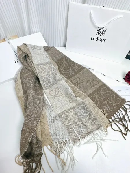 Loewe Anagram Jacquard Scarf Beige Brown Cashmere-Silk Scarf - 1
