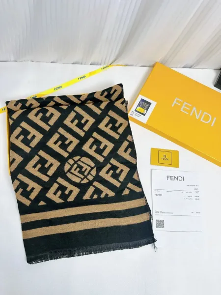 Fendi FF Logo Cashmere Scarf Black Beige - 1