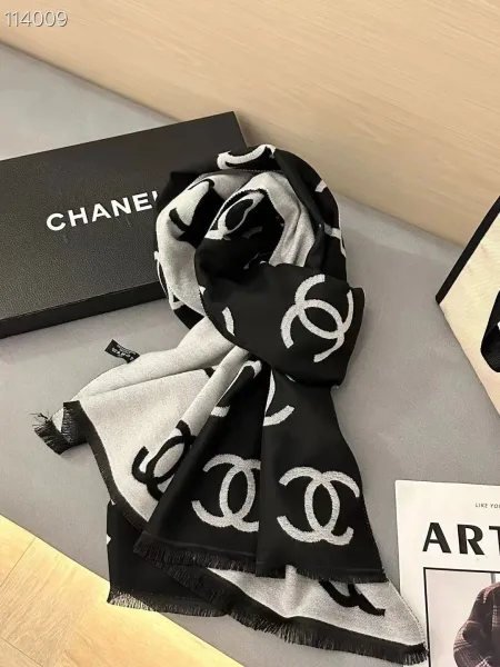 Chanel CC Logo Monogram Scarf Black and Gray Cashmere-Silk Scarf - 1