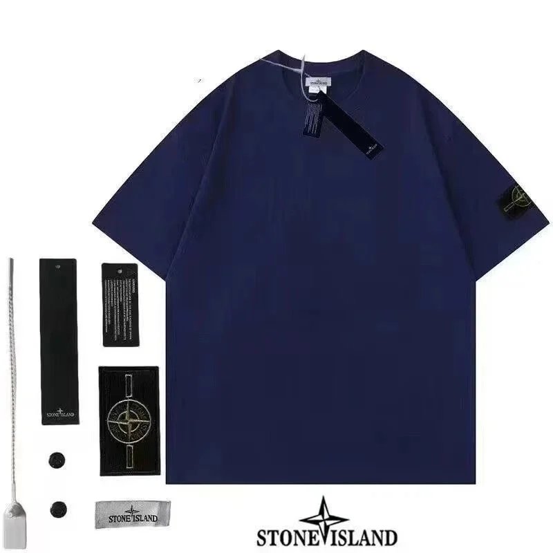 Stone Island T-Shirts Short-Sleeve Crewneck T-Shirt with Compass Sleeve Patch — Style 1 – Navy Blue