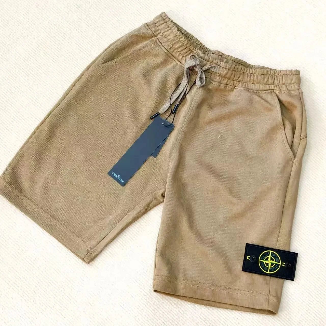 Stone Island T-Shirts Short-Sleeve Crewneck T-Shirt with Compass Sleeve Patch — Shorts-Brown