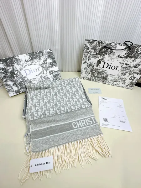 Dior Oblique CHRIST Scarf Gray and Cream Cashmere-Blend Scarf - 1