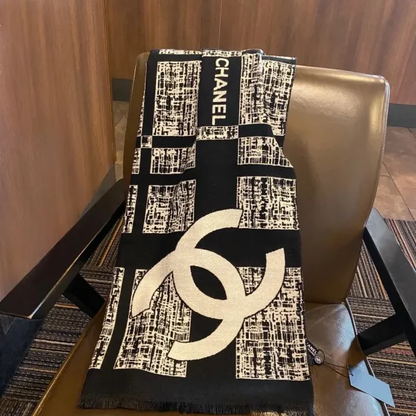 Chanel CC Logo Print Cashmere Scarf Black and Beige - 1