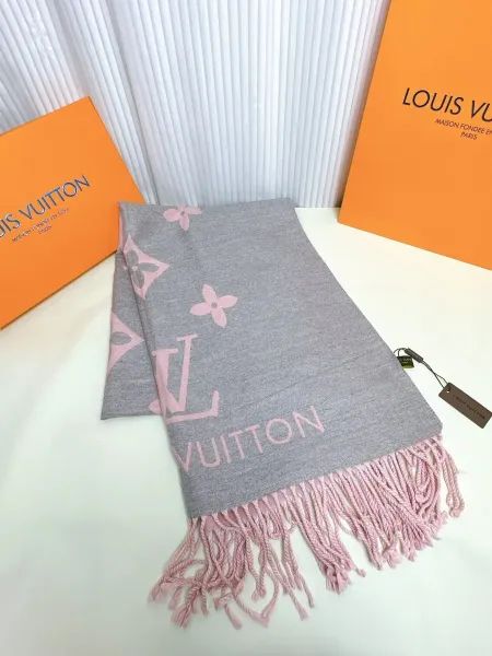 Louis Vuitton Monogram Floral Scarf Gray Pink Cashmere Scarf - 1