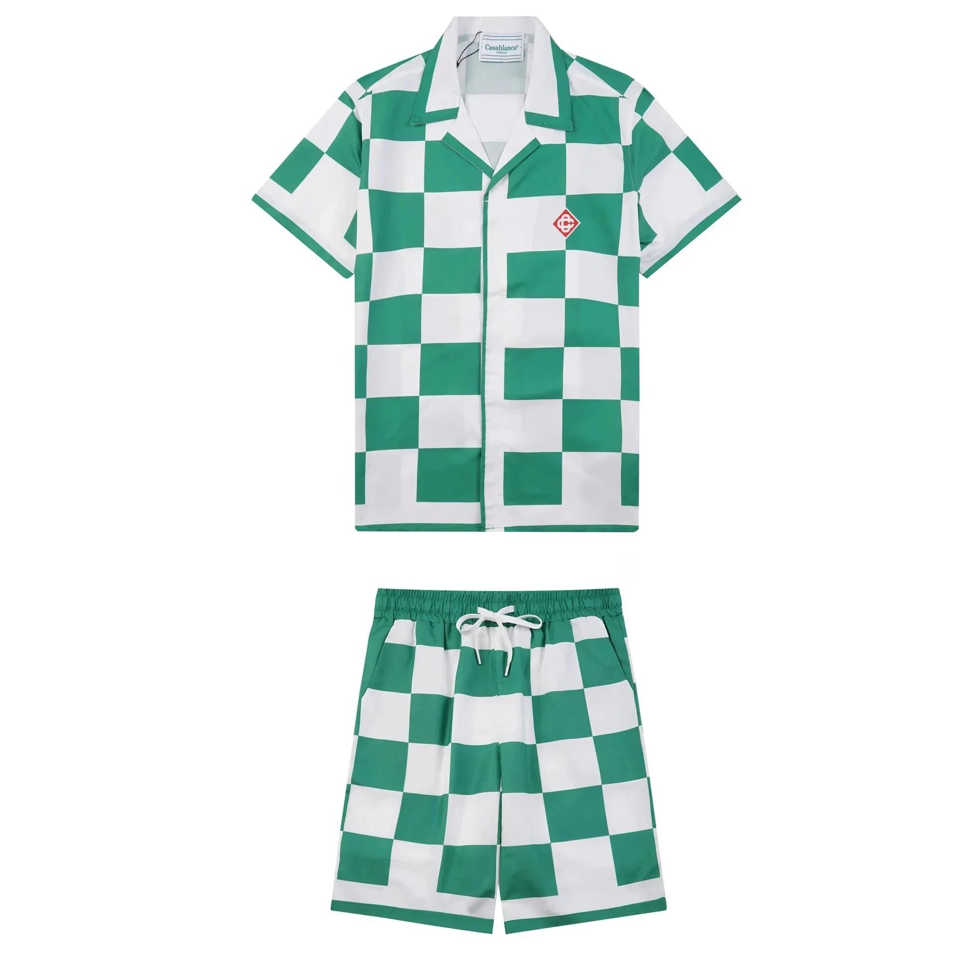 Casablanca Matching Sets Short-sleeve printed shirt and shorts set with wavy trim — 30