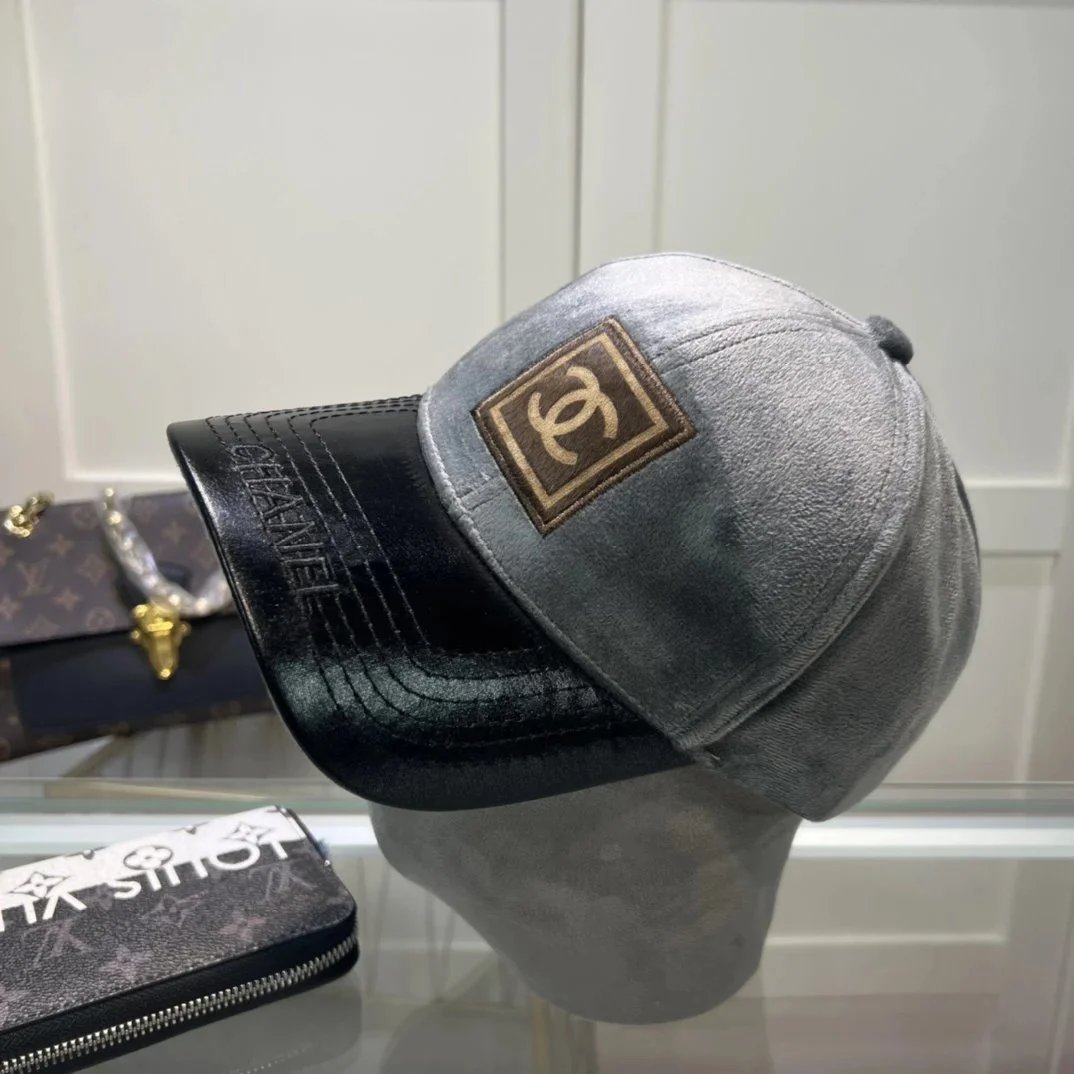 Chanel Velvet Baseball Cap Gray with Leather Brim - 1