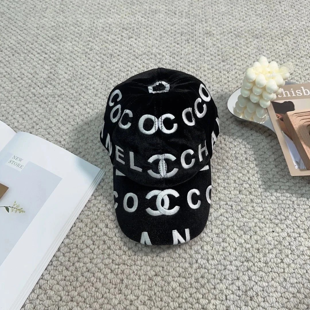 Chanel Logo-Print Velvet Baseball Cap Black - 1