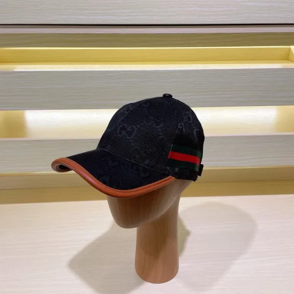 Gucci GG Monogram Baseball Cap Black with Tan Leather Trim - 1