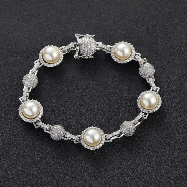 Elegant Pearl and Cubic Zirconia Halo Bracelet in Silver-Tone - 1