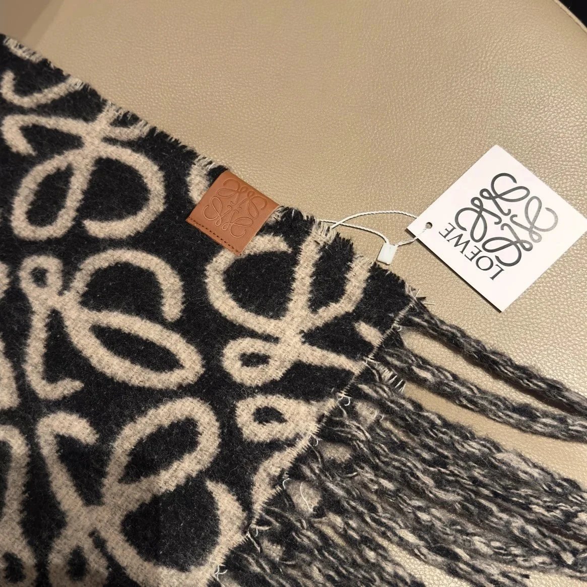Chanel Logo Print Cashmere Scarf Beige and White Scarves - 10