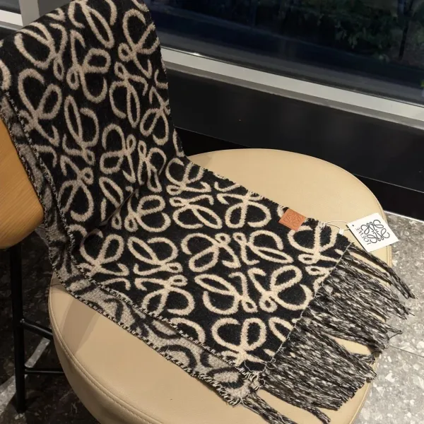 Loewe Anagram Print Wool-Cashmere Scarf Black Beige - 1
